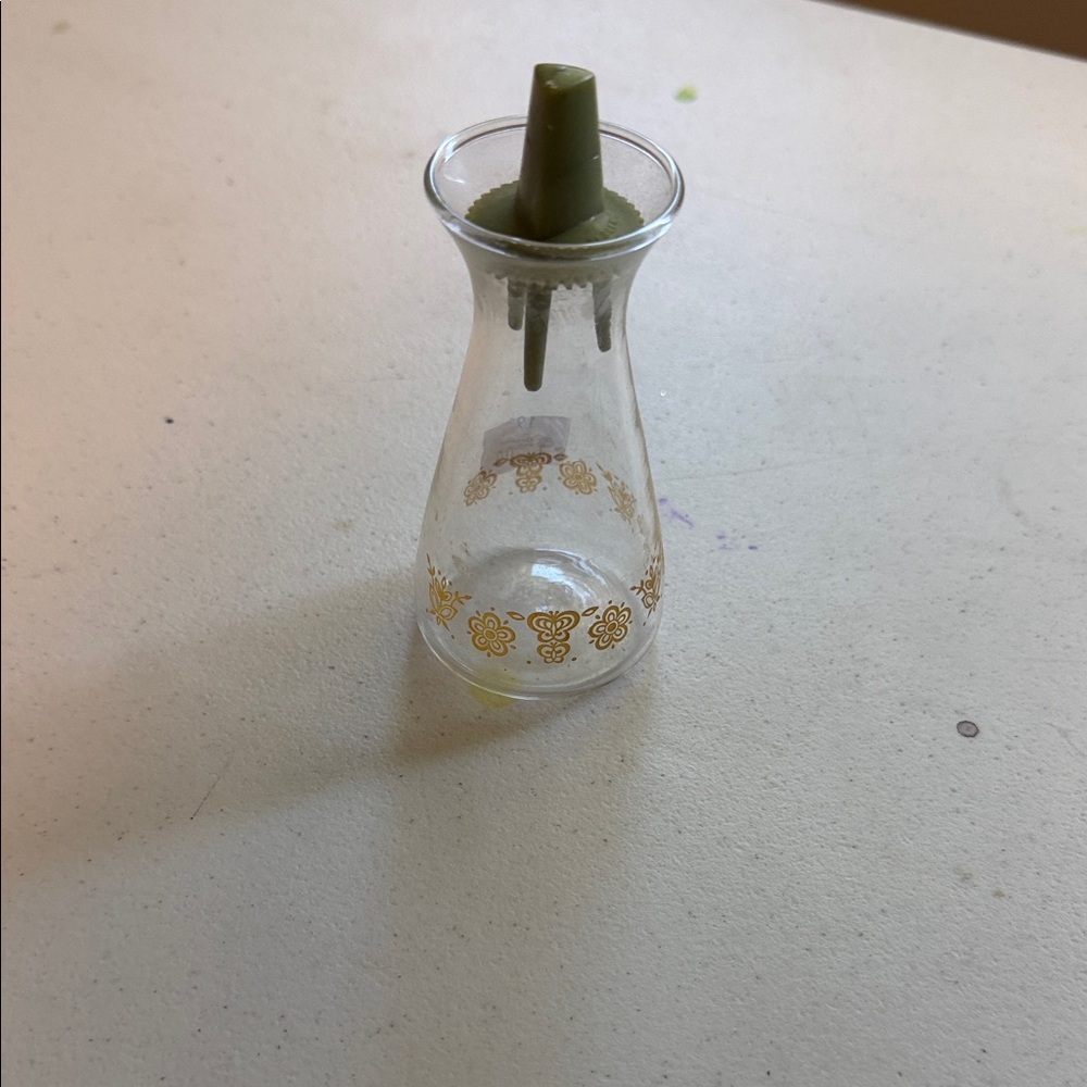 Vintage Glass Oil Cruet with Yellow Floral Trim and Green Pour Spout